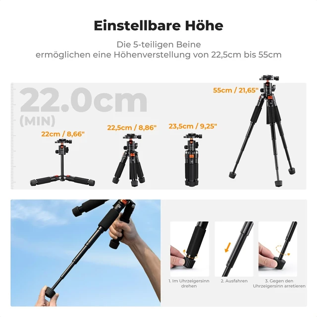 Alt view image 4 of 7 - K&F CONCEPT 21.6'' Mini Desk Tripod. | Ball Head, Load up to 13.22 lbs/6 KG, 1/4 inch Quick Shoe Plate, Phone Holder, For DSLR Camera Phone. S225A0+BH-25L