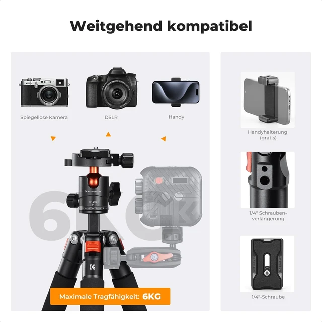 Alt view image 7 of 7 - K&F CONCEPT 21.6'' Mini Desk Tripod. | Ball Head, Load up to 13.22 lbs/6 KG, 1/4 inch Quick Shoe Plate, Phone Holder, For DSLR Camera Phone. S225A0+BH-25L