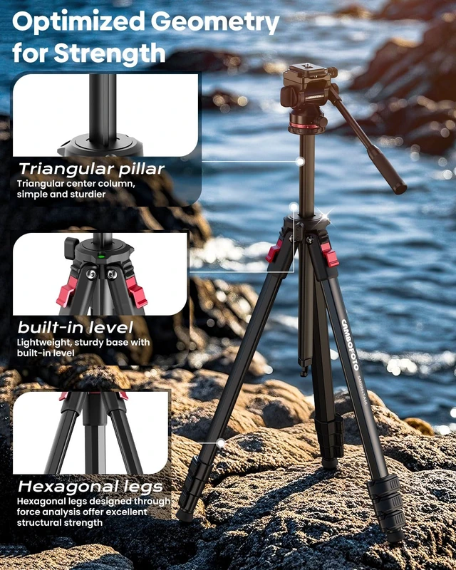 Alt view image 5 of 7 - CAMBOFOTO 68" Heavy Duty Tripod, Video Tripod with Fluid Head | Aluminum Camera Tripod, 1/4" Smooth Pan/Tilt Head for DSLR/Camcorders/Binoculars/Spotting Scope/Telescope, Load 8.8lbs