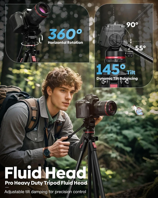 Alt view image 3 of 7 - CAMBOFOTO 68" Heavy Duty Tripod, Video Tripod with Fluid Head | Aluminum Camera Tripod, 1/4" Smooth Pan/Tilt Head for DSLR/Camcorders/Binoculars/Spotting Scope/Telescope, Load 8.8lbs