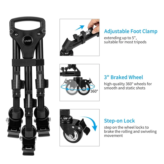 Alt view image 5 of 7 - Cayer TD03 Tripod Dolly, Heavy Duty 3" Wheels with Case | 3" Large Wheels, 66 Lb Load, for Tripods & Light Stands, Photography & Video, Carrying Case