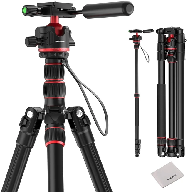 Main image of NEEWER BASICS Camera Tripod Monopod, 77" Compact Lightweight Travel DSLR Video Stand 360° Ball Head, Arca Type QR Plate, Reversible Legs, Inverted Central Axis & 2 Cleaning Cloths, 13lb Max Load, TP08