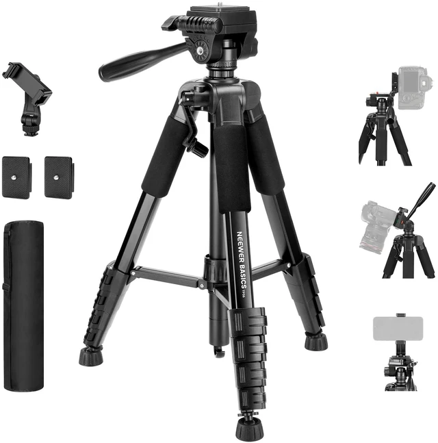 Main image of NEEWER Basics TP56 Camera Tripod, 74" Tripod with Cell Phone Holder Mount | Compatible with iPhone for Video Recording, Professional Aluminum Lightweight Portable Travel Stand, 3 Way Pan Tilt Head