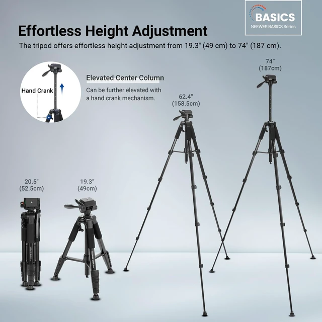 Alt view image 3 of 7 - NEEWER Basics TP56 Camera Tripod, 74" Tripod with Cell Phone Holder Mount | Compatible with iPhone for Video Recording, Professional Aluminum Lightweight Portable Travel Stand, 3 Way Pan Tilt Head