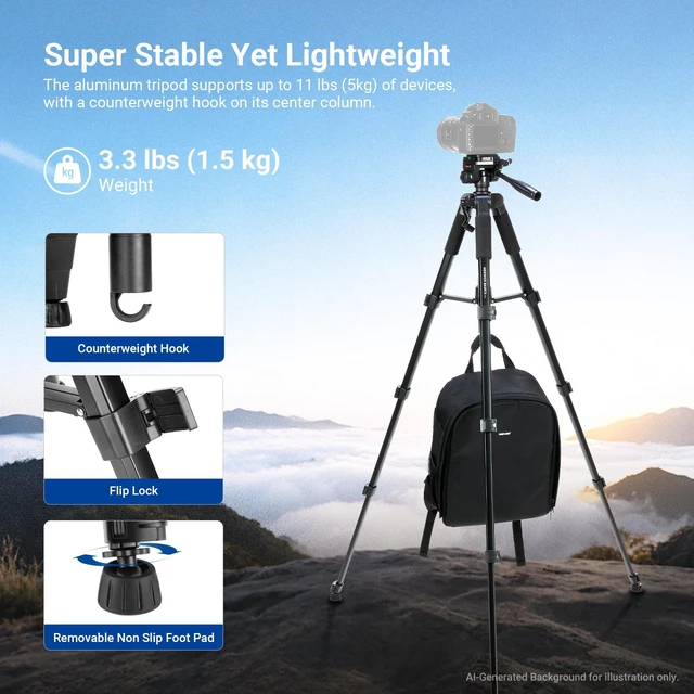 Alt view image 5 of 7 - NEEWER Basics TP56 Camera Tripod, 74" Tripod with Cell Phone Holder Mount | Compatible with iPhone for Video Recording, Professional Aluminum Lightweight Portable Travel Stand, 3 Way Pan Tilt Head