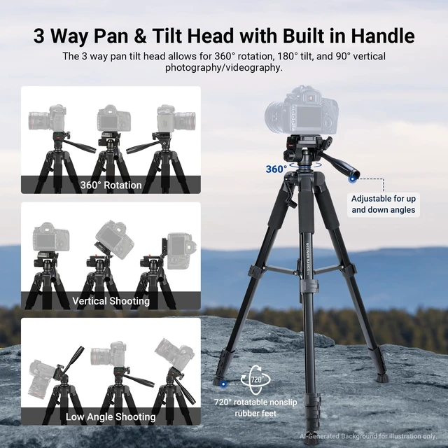 Alt view image 4 of 7 - NEEWER Basics TP56 Camera Tripod, 74" Tripod with Cell Phone Holder Mount | Compatible with iPhone for Video Recording, Professional Aluminum Lightweight Portable Travel Stand, 3 Way Pan Tilt Head