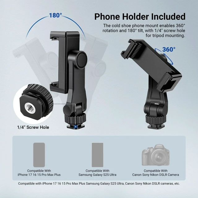 Alt view image 6 of 7 - NEEWER Basics TP56 Camera Tripod, 74" Tripod with Cell Phone Holder Mount | Compatible with iPhone for Video Recording, Professional Aluminum Lightweight Portable Travel Stand, 3 Way Pan Tilt Head