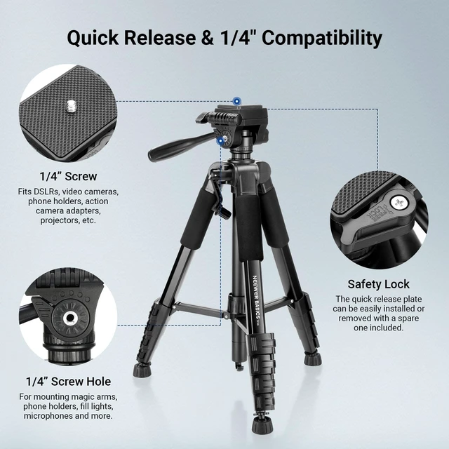 Alt view image 7 of 7 - NEEWER Basics TP56 Camera Tripod, 74" Tripod with Cell Phone Holder Mount | Compatible with iPhone for Video Recording, Professional Aluminum Lightweight Portable Travel Stand, 3 Way Pan Tilt Head