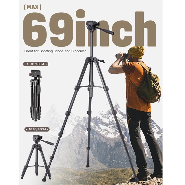 Alt view image 2 of 7 - 69 Tripod for Spotting Scopes, Binocular & Camera, Includes Binocular Adapter, 2 QR Plates, Phone Holder & Carry Bag, Ideal for Bird Watching, Hunting, Wildlife Viewing & Target Shooting
