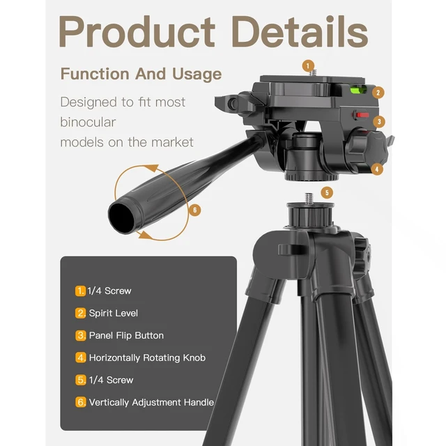 Alt view image 5 of 7 - 69 Tripod for Spotting Scopes, Binocular & Camera, Includes Binocular Adapter, 2 QR Plates, Phone Holder & Carry Bag, Ideal for Bird Watching, Hunting, Wildlife Viewing & Target Shooting