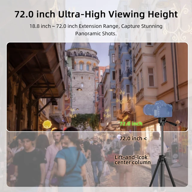 Alt view image 5 of 7 - JISHANE 72" Travel Aluminum Camera Tripod, Tripod Stand for Camera & Phone | Equipped with Phone Holder, Wireless Remote & Carry Bag, Compatible with Canon EOS Rebel, DSLR, Smartphone Video Recording