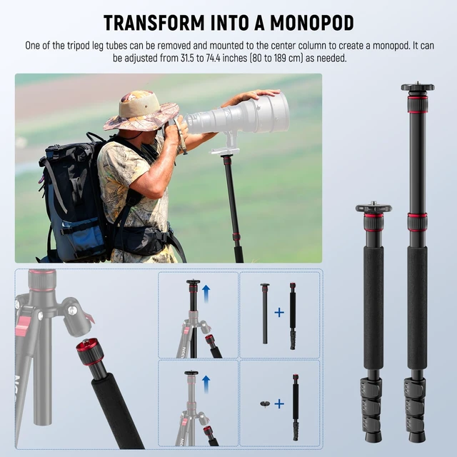 Alt view image 6 of 7 - NEEWER Basics TP15 Camera Tripod Monopod, 68" Metal Heavy Duty Portable Travel DSLR Cell Phone Stand with Cellphone Holder Mount Compatible with iPhone Filming Video Recording, Ball Head Not Included
