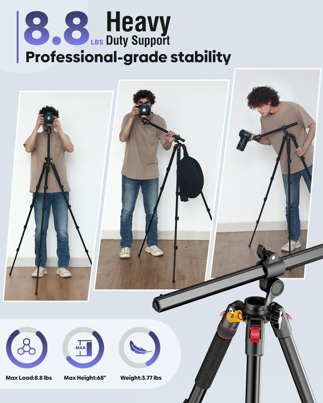 Alt view image 2 of 6 - CAMBOFOTO 68" Camera Tripod, Overhead Tripod Horizontal, Detachable Monopod | Tripod for Camera with Metal Ball Head & Spiked feet, Macro & Overhead Shooting, 1/4" Arca QR Plate, 33lb Load Capacity