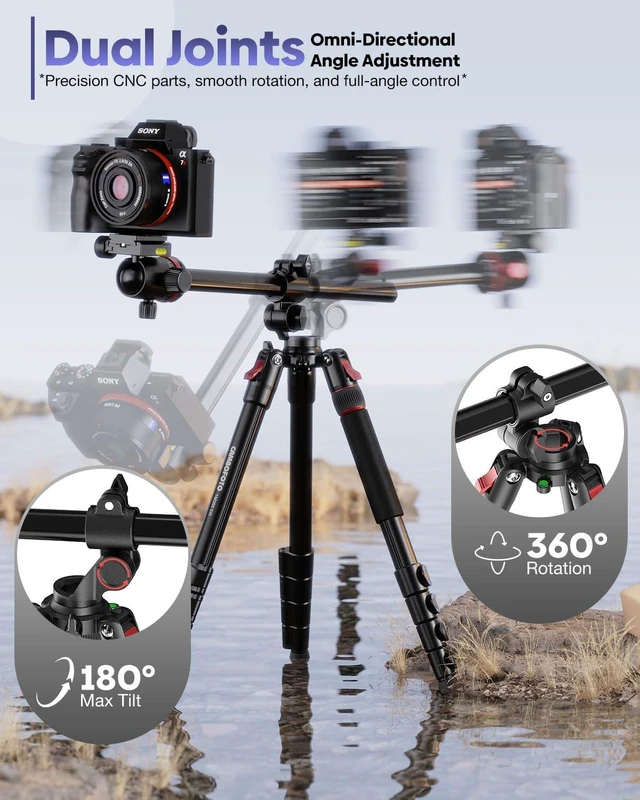 Alt view image 3 of 6 - CAMBOFOTO 68" Camera Tripod, Overhead Tripod Horizontal, Detachable Monopod | Tripod for Camera with Metal Ball Head & Spiked feet, Macro & Overhead Shooting, 1/4" Arca QR Plate, 33lb Load Capacity