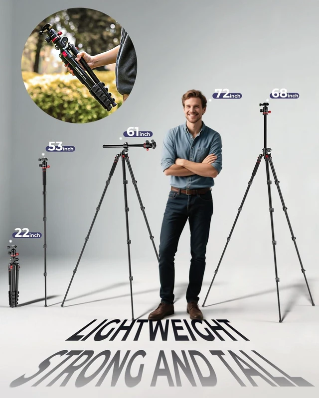 Alt view image 5 of 6 - CAMBOFOTO 68" Camera Tripod, Overhead Tripod Horizontal, Detachable Monopod | Tripod for Camera with Metal Ball Head & Spiked feet, Macro & Overhead Shooting, 1/4" Arca QR Plate, 33lb Load Capacity