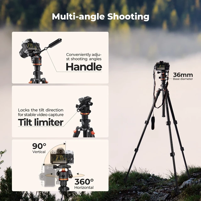 Alt view image 2 of 7 - K&F CONCEPT 71" Aluminum Compact Camera Tripod | Portable Travel Tripod for iPhone, 17.6lb Arca Swiss Ball Head for DSLR/Mirrorless, O234A3+BH-36
