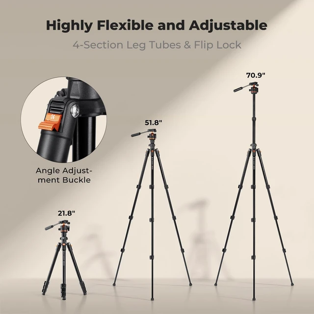 Alt view image 5 of 7 - K&F CONCEPT 71" Aluminum Compact Camera Tripod | Portable Travel Tripod for iPhone, 17.6lb Arca Swiss Ball Head for DSLR/Mirrorless, O234A3+BH-36