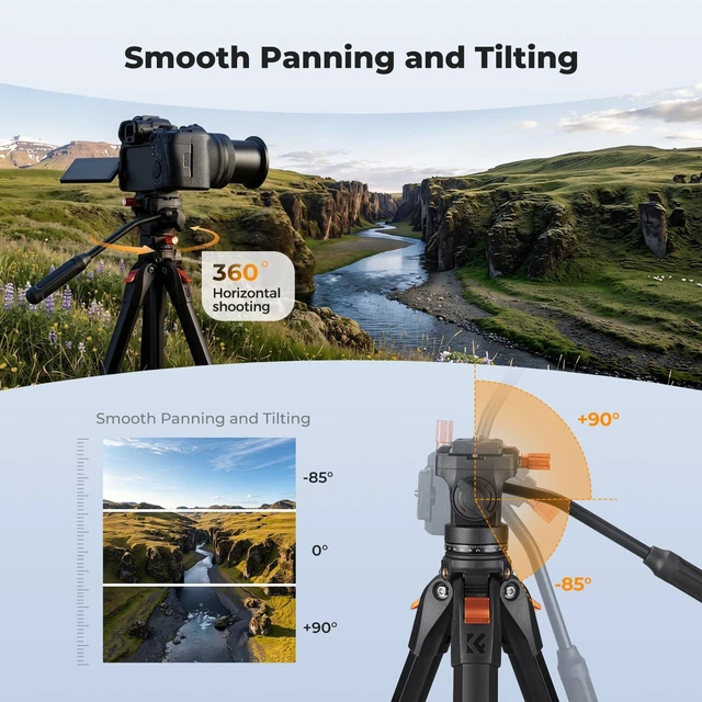 Alt view image 3 of 7 - K&F CONCEPT 63" Camera Tripod with Fluid Head | Aluminum Travel Tripod, Smooth Pan/Tilt for DSLR/Mirrorless/Camcorder, Max Load 6.6lb, A305A1+FH-04