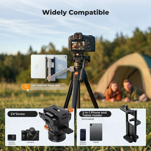 Alt view image 6 of 7 - K&F CONCEPT 63" Camera Tripod with Fluid Head | Aluminum Travel Tripod, Smooth Pan/Tilt for DSLR/Mirrorless/Camcorder, Max Load 6.6lb, A305A1+FH-04