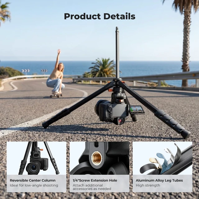 Alt view image 7 of 7 - K&F CONCEPT 63" Camera Tripod with Fluid Head | Aluminum Travel Tripod, Smooth Pan/Tilt for DSLR/Mirrorless/Camcorder, Max Load 6.6lb, A305A1+FH-04