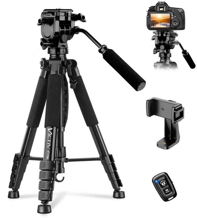Main image of VICTIV 75 Camera Tripod, Tripod for Video Camera with Carry Bag, Black | Heavy Duty Tripod for Camera and Phone with Phone Holder and Remote, Compatible with DSLR, Spotting Scopes, Camcorder, GoPro