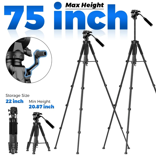 Alt view image 4 of 7 - VICTIV 75 Camera Tripod, Tripod for Video Camera with Carry Bag, Black | Heavy Duty Tripod for Camera and Phone with Phone Holder and Remote, Compatible with DSLR, Spotting Scopes, Camcorder, GoPro