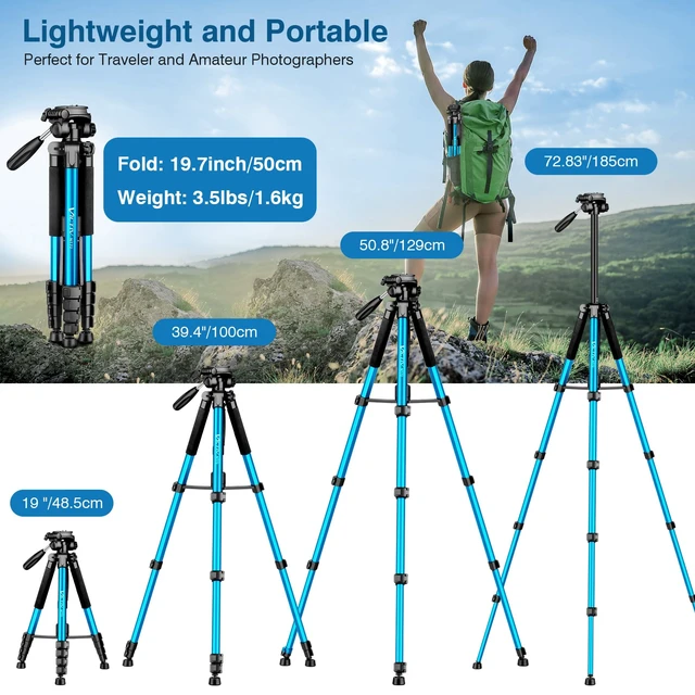 Alt view image 3 of 7 - Victiv 72 inch Camera Tripod, Tall Tripod for Camera Cell Phone, Heavy Duty Camera Tripod Stand, Professional Aluminum Monopod, Compatible with Canon Nikon Sony DSLR Cameras - Blue