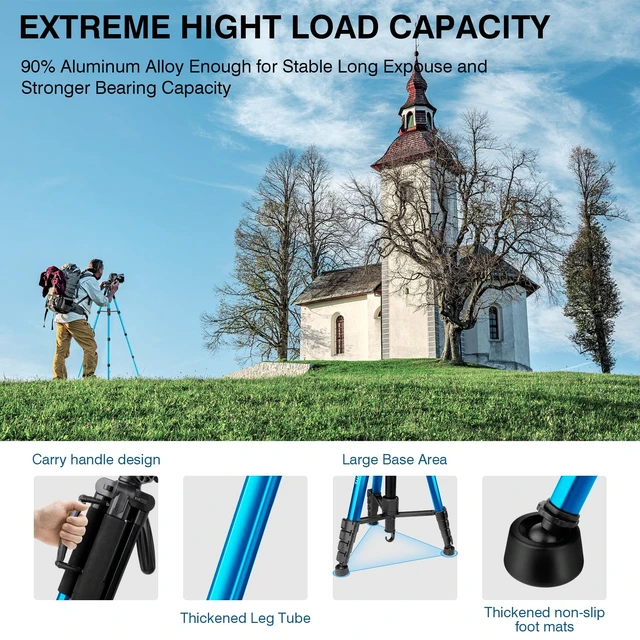 Alt view image 4 of 7 - Victiv 72 inch Camera Tripod, Tall Tripod for Camera Cell Phone, Heavy Duty Camera Tripod Stand, Professional Aluminum Monopod, Compatible with Canon Nikon Sony DSLR Cameras - Blue