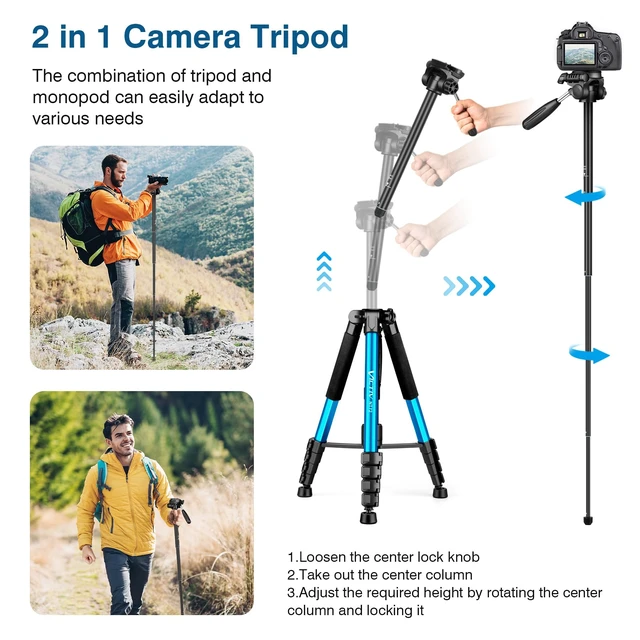 Alt view image 5 of 7 - Victiv 72 inch Camera Tripod, Tall Tripod for Camera Cell Phone, Heavy Duty Camera Tripod Stand, Professional Aluminum Monopod, Compatible with Canon Nikon Sony DSLR Cameras - Blue