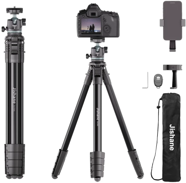 Main image of Jishane 72" Travel Tripod for Camera and Phone, Lightweight Aluminum Tripod with Arca Ball Head, Phone Holder, Quick-Release Plate, Wireless Remote & Carry Bag for DSLR Smartphone Video Recording