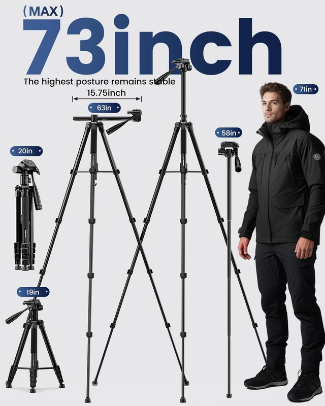 Alt view image 3 of 6 - CAMBOFOTO 73" Camera Tripod and Monopod with Horizontal Central Axis | Aluminum Tripod with Sandbag/Phone Holder/Travel Bag, for DSLR/Camcorder/GoPro