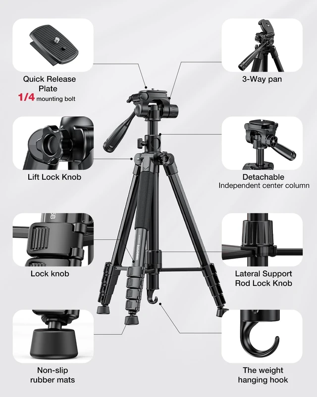 Alt view image 5 of 6 - CAMBOFOTO 73" Camera Tripod and Monopod with Horizontal Central Axis | Aluminum Tripod with Sandbag/Phone Holder/Travel Bag, for DSLR/Camcorder/GoPro