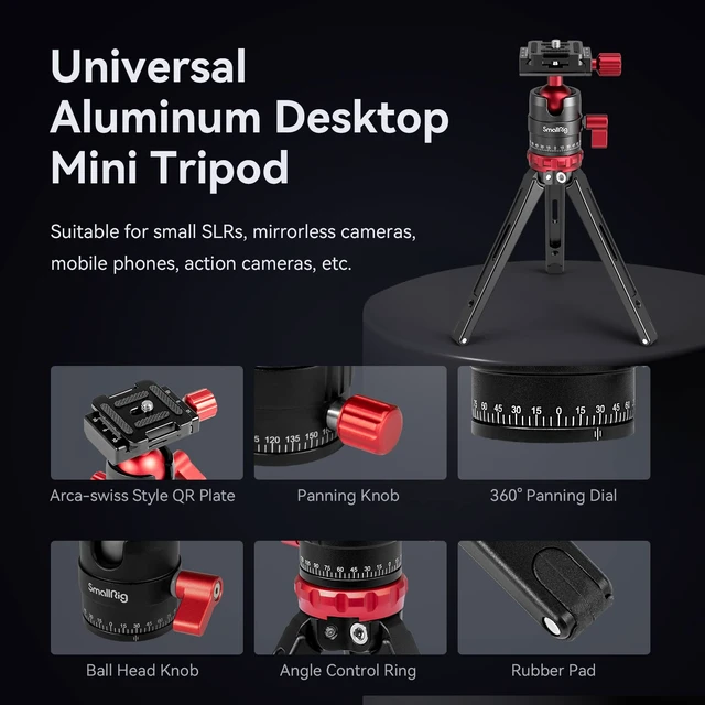 Alt view image 6 of 6 - SmallRig Desktop Mini Tripod for Camera/Phone, Aluminum, Load up to 11lbs | Aluminum Alloy, with 360 Degree Ball Head, 1/4'' Quick Shoe Plate for Vlogging DSLR Camera Video, Load up to 11 pounds