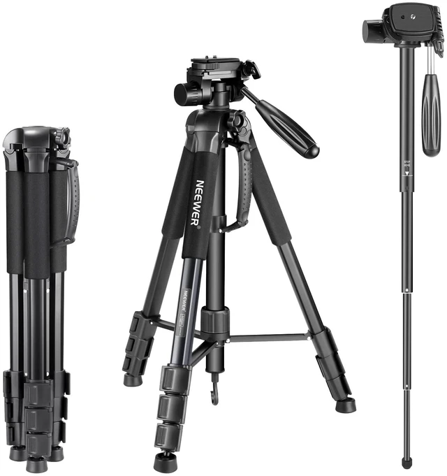 Main image of NEEWER Portable Aluminum Alloy Camera 2 in 1 Tripod Monopod Max. 70"/177cm with 3 Way Swivel Pan Head and Carrying Bag for DSLR, DV Video Camcorder (SAB264, Black)