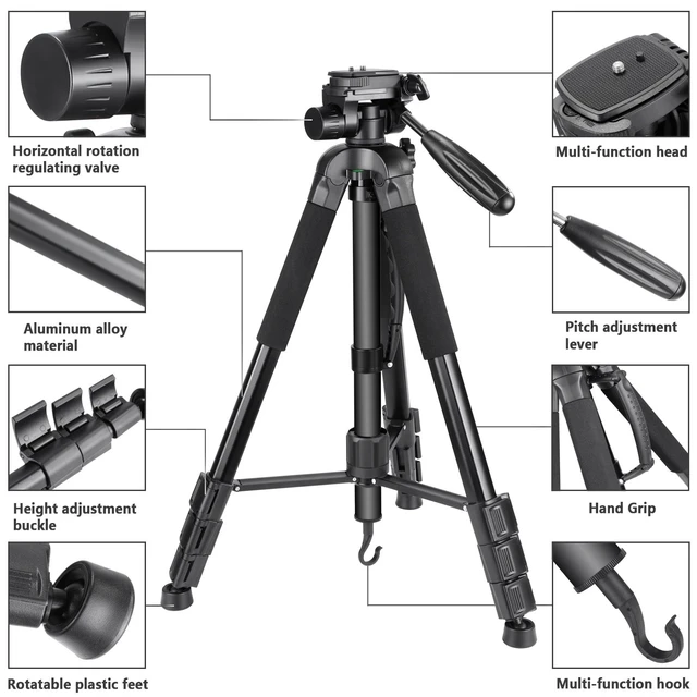 Alt view image 3 of 7 - NEEWER Portable Aluminum Alloy Camera 2 in 1 Tripod Monopod Max. 70"/177cm with 3 Way Swivel Pan Head and Carrying Bag for DSLR, DV Video Camcorder (SAB264, Black)