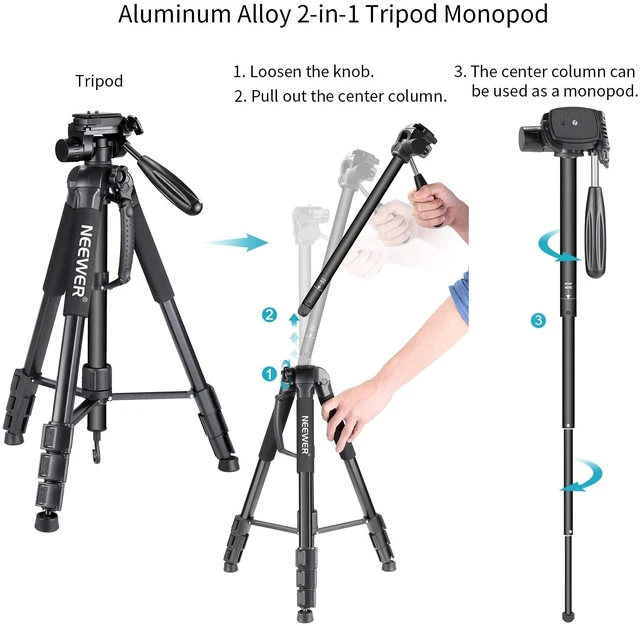 Alt view image 2 of 7 - NEEWER Portable Aluminum Alloy Camera 2 in 1 Tripod Monopod Max. 70"/177cm with 3 Way Swivel Pan Head and Carrying Bag for DSLR, DV Video Camcorder (SAB264, Black)