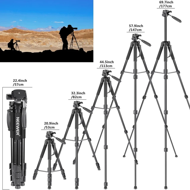 Alt view image 4 of 7 - NEEWER Portable Aluminum Alloy Camera 2 in 1 Tripod Monopod Max. 70"/177cm with 3 Way Swivel Pan Head and Carrying Bag for DSLR, DV Video Camcorder (SAB264, Black)