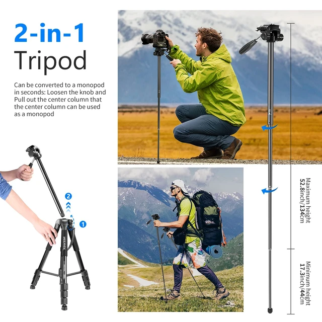 Alt view image 5 of 7 - NEEWER Portable Aluminum Alloy Camera 2 in 1 Tripod Monopod Max. 70"/177cm with 3 Way Swivel Pan Head and Carrying Bag for DSLR, DV Video Camcorder (SAB264, Black)