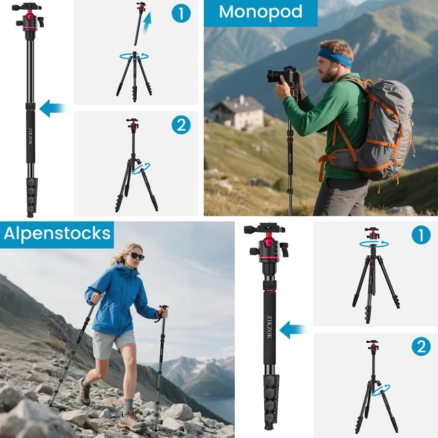 Alt view image 4 of 7 - Camera Tripod, Lightweight Travel Outdoor DSLR Tripods Aluminum Tripod/Monopod, 360°Ball Head Detachable, Tripod for iPhone, ipad, DSLR,Tablet with Carry Bag