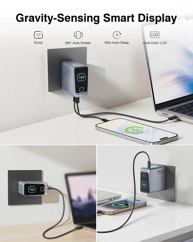 Alt view image 5 of 7 - MacBook Pro Charger 140W, 4-Port GaN USB C Fast Charger with Auto-Rotating Smart Display, PD 3.2/AVS Laptop Power Adapter for MacBook Pro 16/14, iPad, iPhone 18/17/16 (5ft 240W Cable Included)