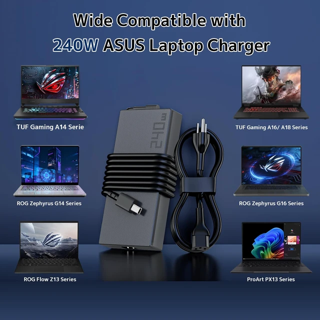 Alt view image 4 of 7 - 240W Laptop Charger Compatible with ASUS AC Adapter ROG Zephyrus G16 G14 | GA605 GU605 GA403 Flow Z13 GZ302 TUF A14 A16 A18 Gaming V16 V3607 ProArt P16 PX13 20V 12A Power Supply Cord | Rectangle Conn