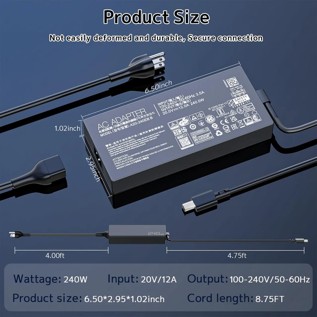 Alt view image 6 of 7 - 240W Laptop Charger Compatible with ASUS AC Adapter ROG Zephyrus G16 G14 | GA605 GU605 GA403 Flow Z13 GZ302 TUF A14 A16 A18 Gaming V16 V3607 ProArt P16 PX13 20V 12A Power Supply Cord | Rectangle Conn