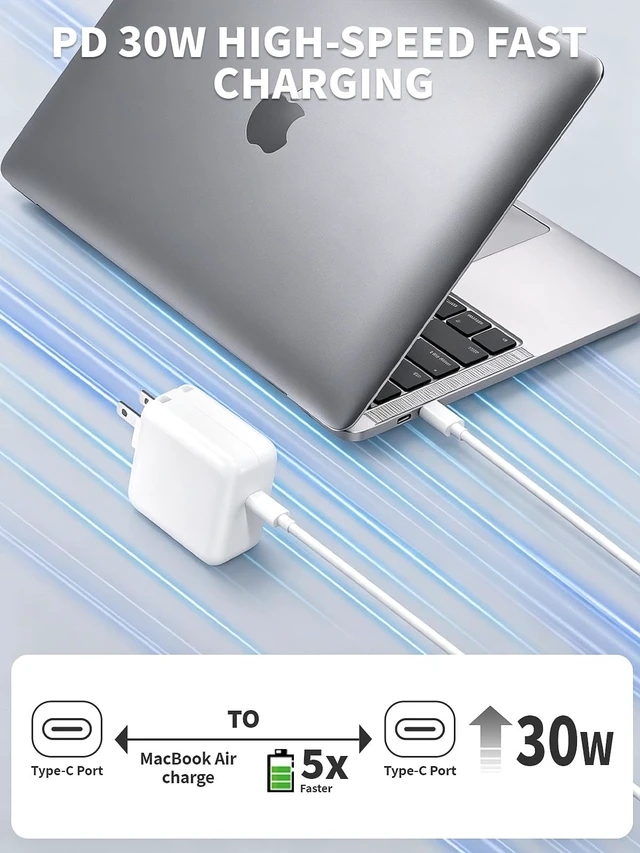 Alt view image 2 of 7 - Mac Book Air Charger,Apple 30W USB C Power Adapter With 10FT USB C-C Cable, Foldable Block Macbook USB C Charger Fast Charging for Macbook Air M5/M4/M3/M2/M1,iPhone 17 Pro Max/16 Pro/15, iPad/Air/Mini