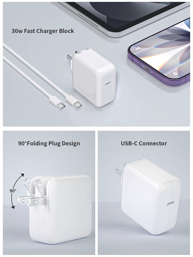 Alt view image 3 of 7 - Mac Book Air Charger,Apple 30W USB C Power Adapter With 10FT USB C-C Cable, Foldable Block Macbook USB C Charger Fast Charging for Macbook Air M5/M4/M3/M2/M1,iPhone 17 Pro Max/16 Pro/15, iPad/Air/Mini