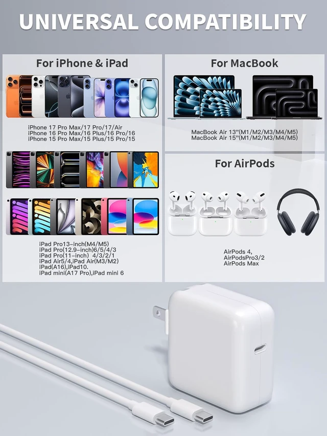 Alt view image 6 of 7 - Mac Book Air Charger,Apple 30W USB C Power Adapter With 10FT USB C-C Cable, Foldable Block Macbook USB C Charger Fast Charging for Macbook Air M5/M4/M3/M2/M1,iPhone 17 Pro Max/16 Pro/15, iPad/Air/Mini
