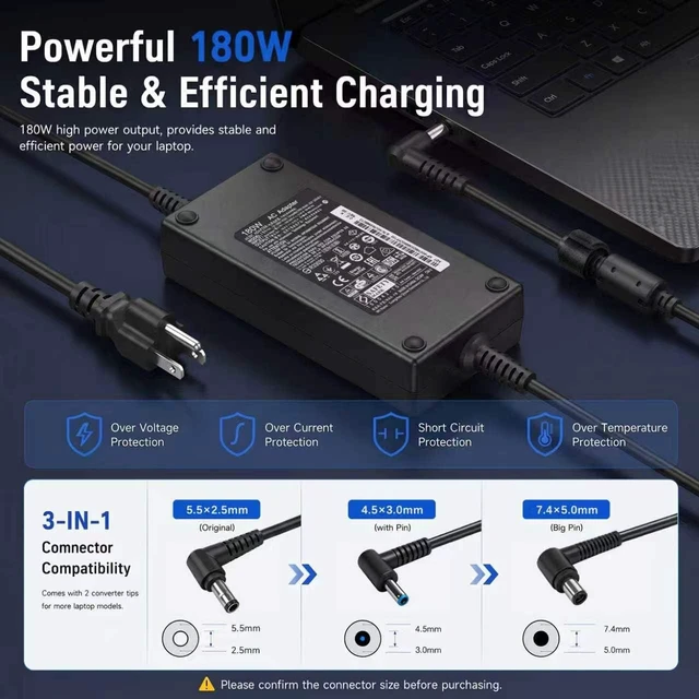Alt view image 5 of 7 - 180W AC Power Adapter Compatible with MSI Gaming Laptop Thin GF63 GF65 GF75, Katana GF66 GF76, Stealth GS63 GS65, 19.5V/9.23A