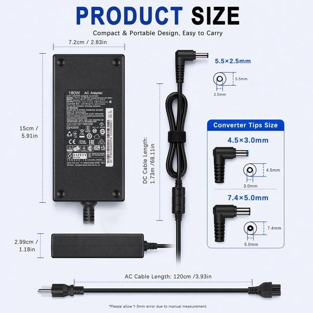 Alt view image 3 of 7 - 180W AC Power Adapter Compatible with MSI Gaming Laptop Thin GF63 GF65 GF75, Katana GF66 GF76, Stealth GS63 GS65, 19.5V/9.23A