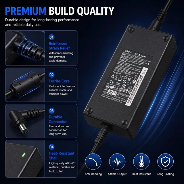 Alt view image 6 of 7 - 180W AC Power Adapter Compatible with MSI Gaming Laptop Thin GF63 GF65 GF75, Katana GF66 GF76, Stealth GS63 GS65, 19.5V/9.23A