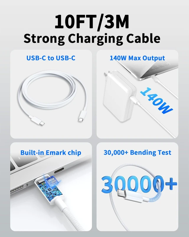 Alt view image 7 of 7 - Mac Book Pro Charger, 140W USB C Power Adapter, 10FT USB C to USB-C Cable | Nylon Braided Cable, Fast Charger for MacBook Pro 16" 14", MacBook Air 15" 13" (2018-2026)