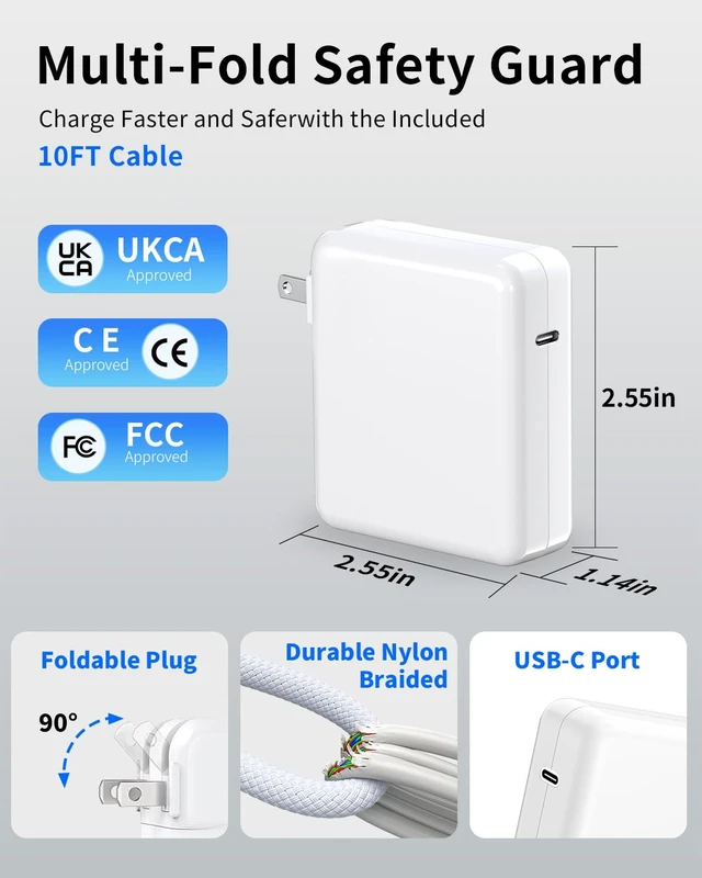 Alt view image 3 of 7 - Mac Book Pro Charger-70W USB C Power Adapter with 10FT Nylon Braided Cable | Original QualityType-C Fast Charger for Macbook Pro/Air (2018-2026) M1 M2 M3 M4 M5, Neo, iPad, iPhone 17 Pro Max 16 15